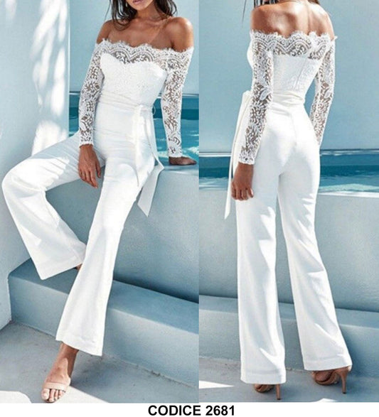 Tuta Donna Intera Elegante Jumpsuit Cocktail Schiena scoperta Finiture in pizzo Merlettato Cerimonia in 2 Colori - 2681