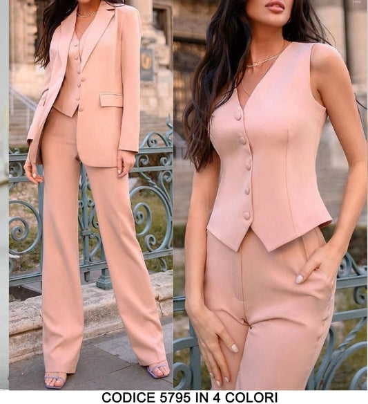 Tailleur 3 Pezzi Giacca Gilet Pantalone Donna Elegante Casual Completo Coordinato In 7 Colori - 5795Out