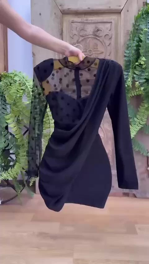 Abito Corto Elegante da Serata Cerimonia Nero con Pois Vestito Metà Nero Metà Pois Casual - 5837