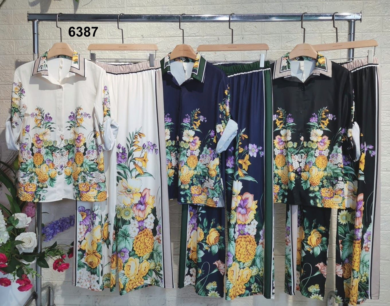 Completo Casual Colorato Camicia Mezza Manica Pantalone Palazzo Stampa Giappone Coordinato Elegante in 3 Colori - 6387