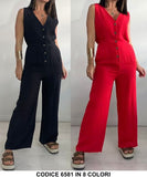 Tuta Casual Intera con Bottoni Smanicata Jumpsuit Party Estate Pantalone Palazzo in 8 Colori - 6581