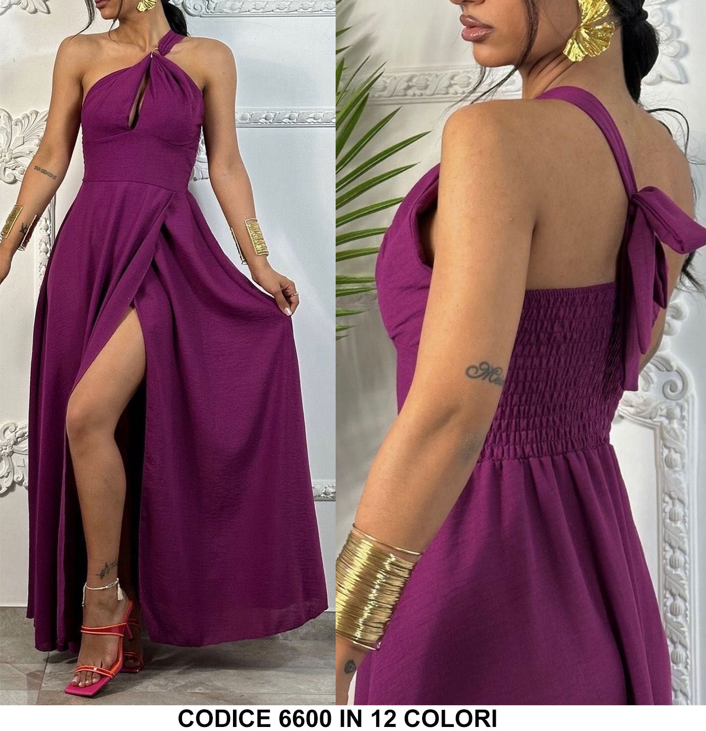 Abito Lungo Elegante Cerimonia Party Monospalla Spacco Laterale Vestito Scollo Sensuale in 12 Colori - 6600