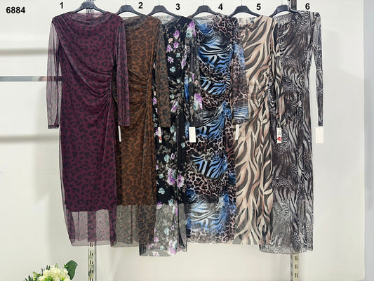 Abito Lungo Animalier Manica Lunga Maculato Aderente Vestito Sensuale Casual in 6 Fantasie - 6884