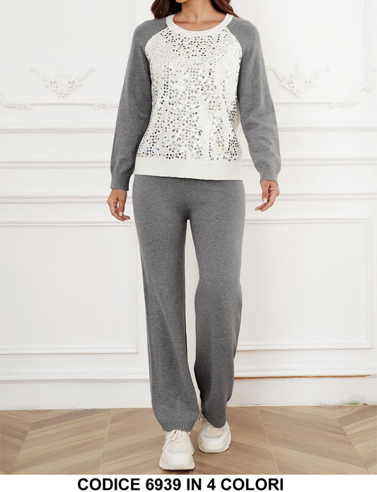 Completo Casual Maglia Felpa con Paillettes Pantalone Palazzo Coordinato Tuta Sportiva in 4 Colori - 6939