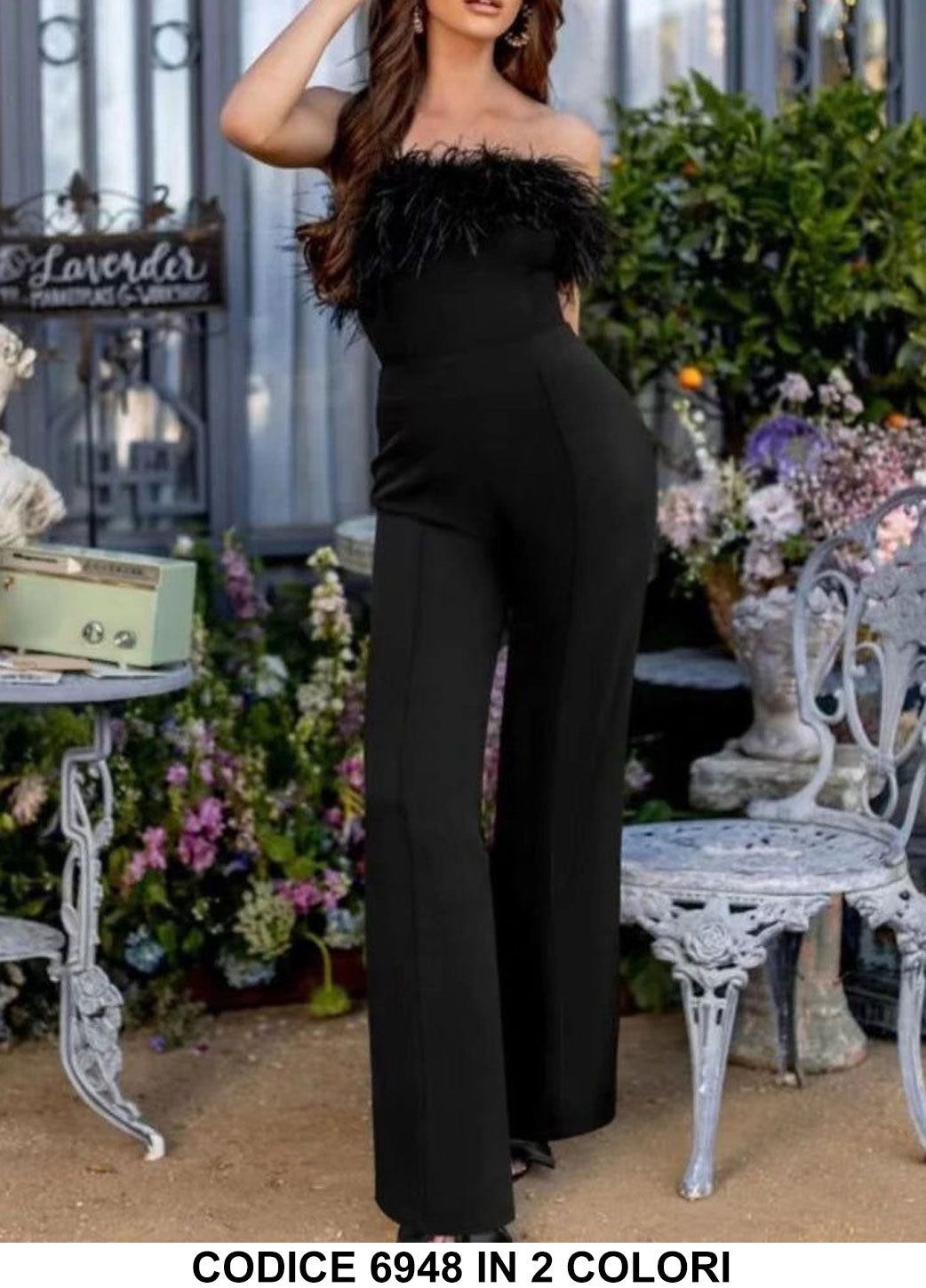 Tuta Elegante Intera Piume sulla Scollatura Pantalone Zampa Jumpsuit Cocktail in Rosso o Nero - 6948