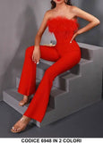 Tuta Elegante Intera Piume sulla Scollatura Pantalone Zampa Jumpsuit Cocktail in Rosso o Nero - 6948