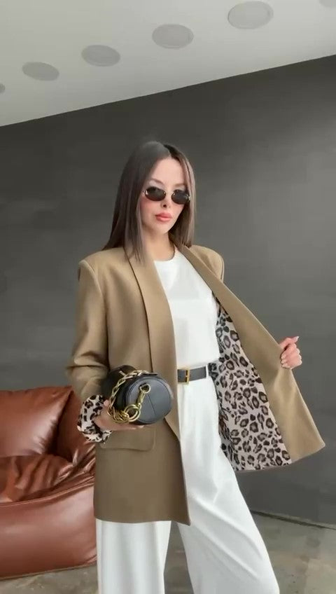 Giacca Blazer Casua Foderato Animalier Tasche Estetiche Giacche Donna Eleganti Risvolto in Marrone - 6995Out