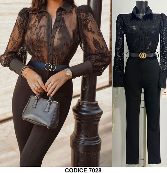 Tuta Elegante Intera Nera Pantalone Palazzo Maglia con Bottoni Merletto Pizzo Jumpsuit Nero - 7028