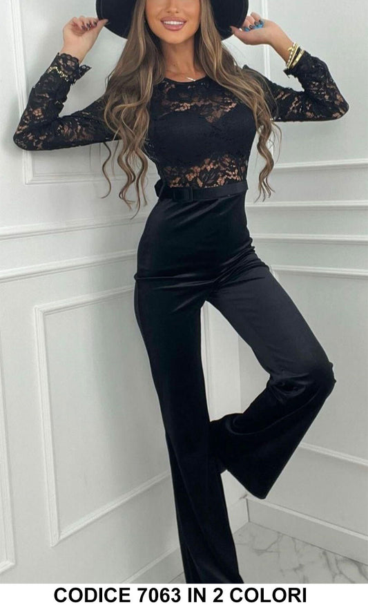 Tuta Elegante Intera Corpetto Merletto in Pizzo Pantalone Palazzo Jumpsuit Cerimonia Cocktail Nera - 7063