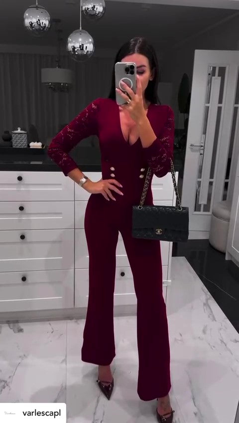 Tuta Elegante Intera Corpetto Merletto Pantalone Palazzo Jumpsuit Cerimonia Bottoni Gioiello Rosso o Nero - 7065