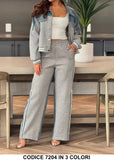 Completo Casual Maglia con Bottoni Pantalone Palazzo Tessuto Morbido Applicazioni in Jeans Coordinato in 3 Colori - 7204