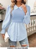 Maglia Casual Effetto Camicia Celeste con Righini Colletto Manica Lunga in 6 Colori - 7223