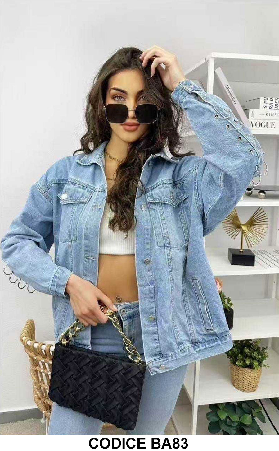 Giubbotto Donna Ragazza in Jeans Blu Borchie ad Anello sulle Maniche Giubbino Giacca Casual - BA83