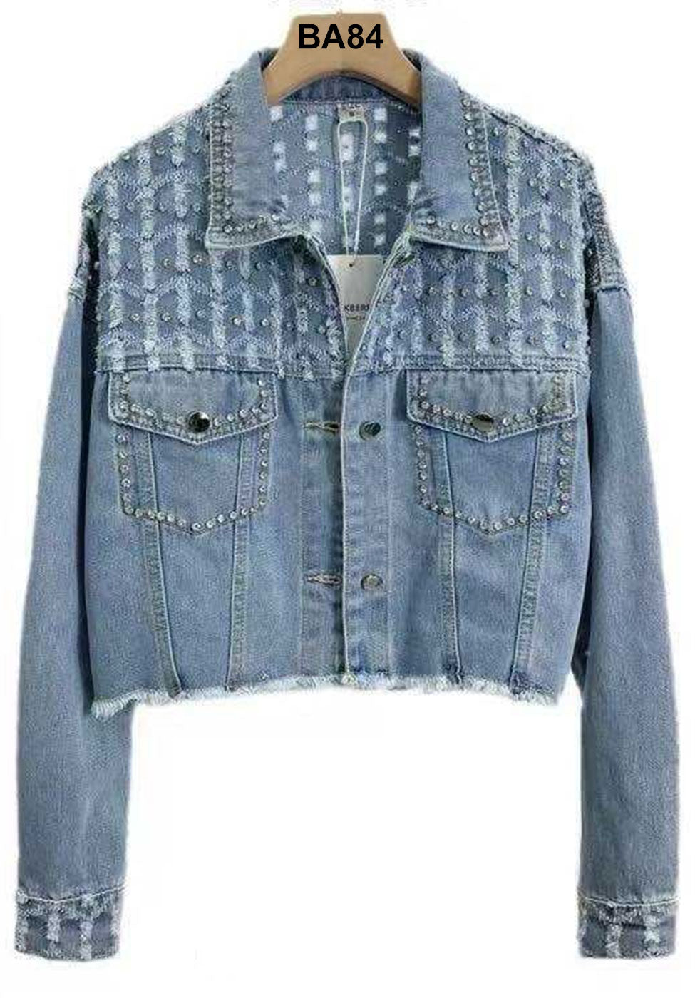 Giubbotto Corto Donna Ragazza in Jeans Blu Effetto Strappato Applicazione Strass Giubbino Casual - BA84