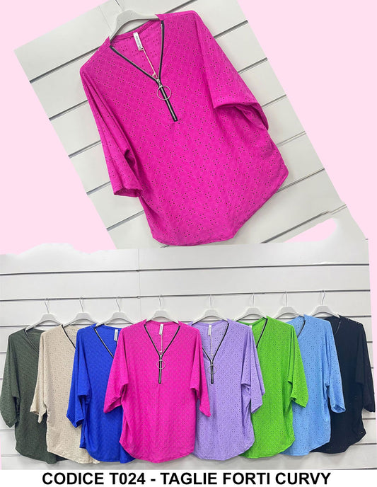 Maglia Manica 3/4 con Zip contorni Neri ed Anello Taglie Forti Curvy Casual Maglie in 8 Colori - T024