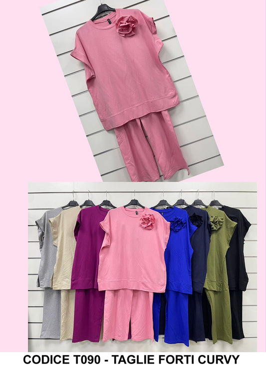 Completo Taglie Forti Curvy Maglia con Rosa Rilievo Pantalone Palazzo Coordinato Elegante Casual in 8 Colori - T090