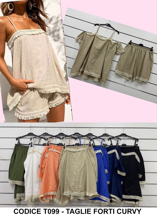 Completo Canotta e Pantalancino Shorts Taglie Forti Curvy Coordinato Estate con Frange in 7 Colori - T099